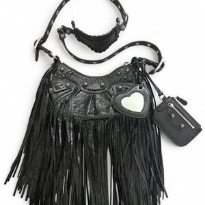 Balenciaga Black Fringed Shoulder Bag with Heart Charm